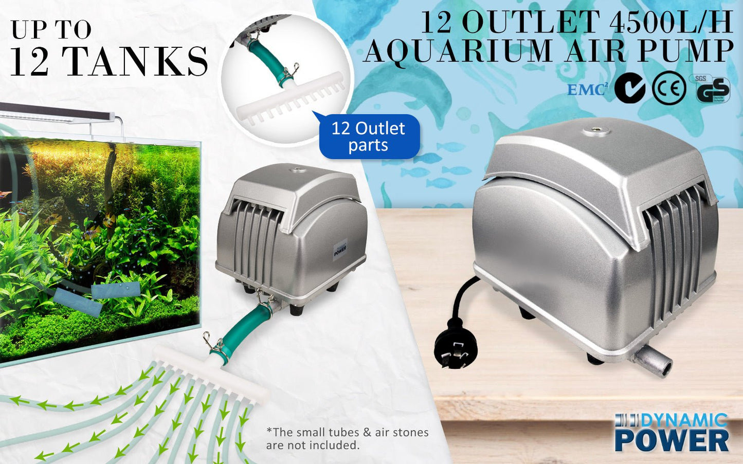 Dynamic Power | Aquarium Air Pump Oxygen Hydroponic 12 Outlet 4500L/H 65W | Cradle Coast Pet & Aquarium