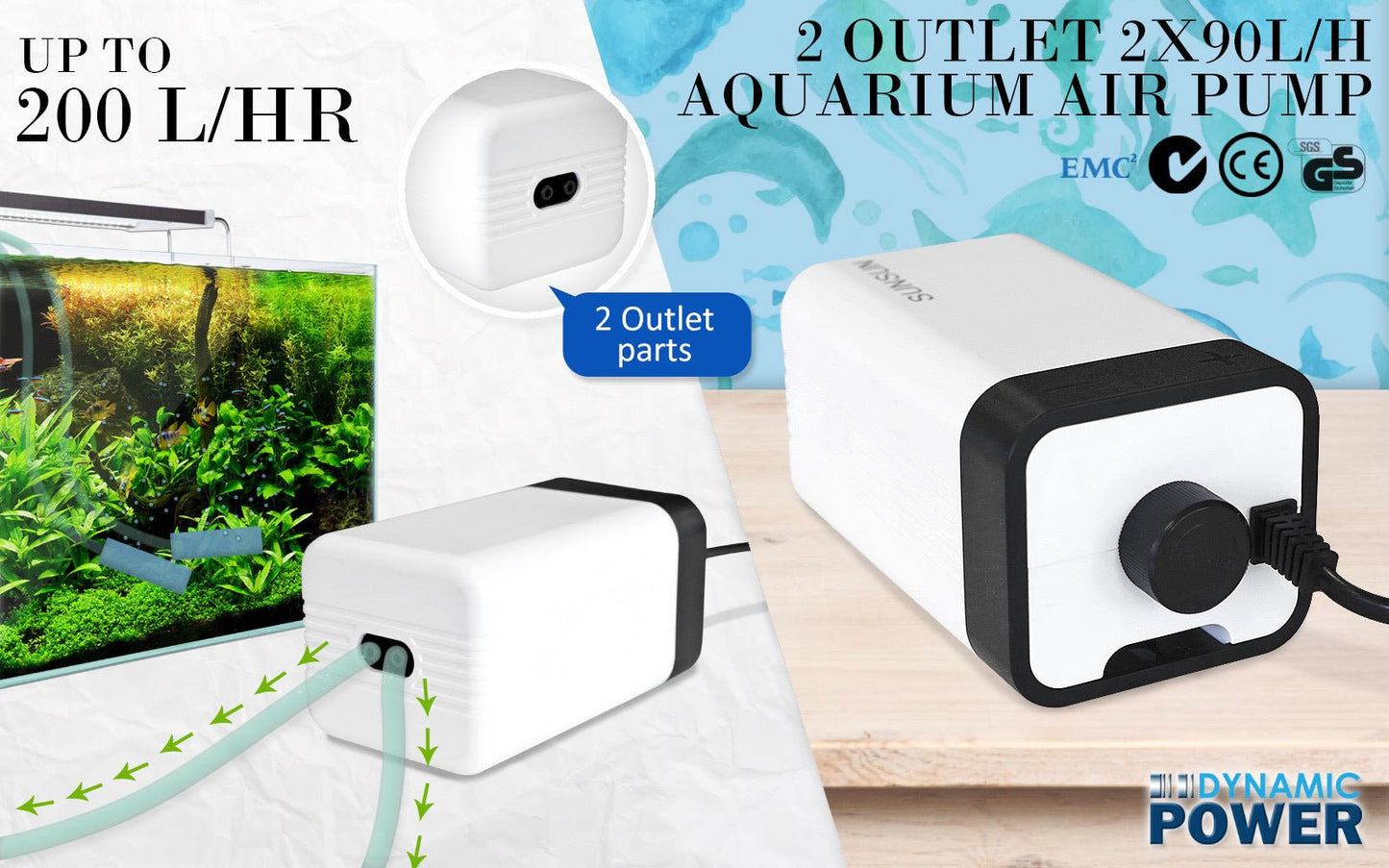Dynamic Power | Aquarium Air Pump Oxygen Hydroponic 2 Outlet 180L/H 4W | Cradle Coast Pet & Aquarium