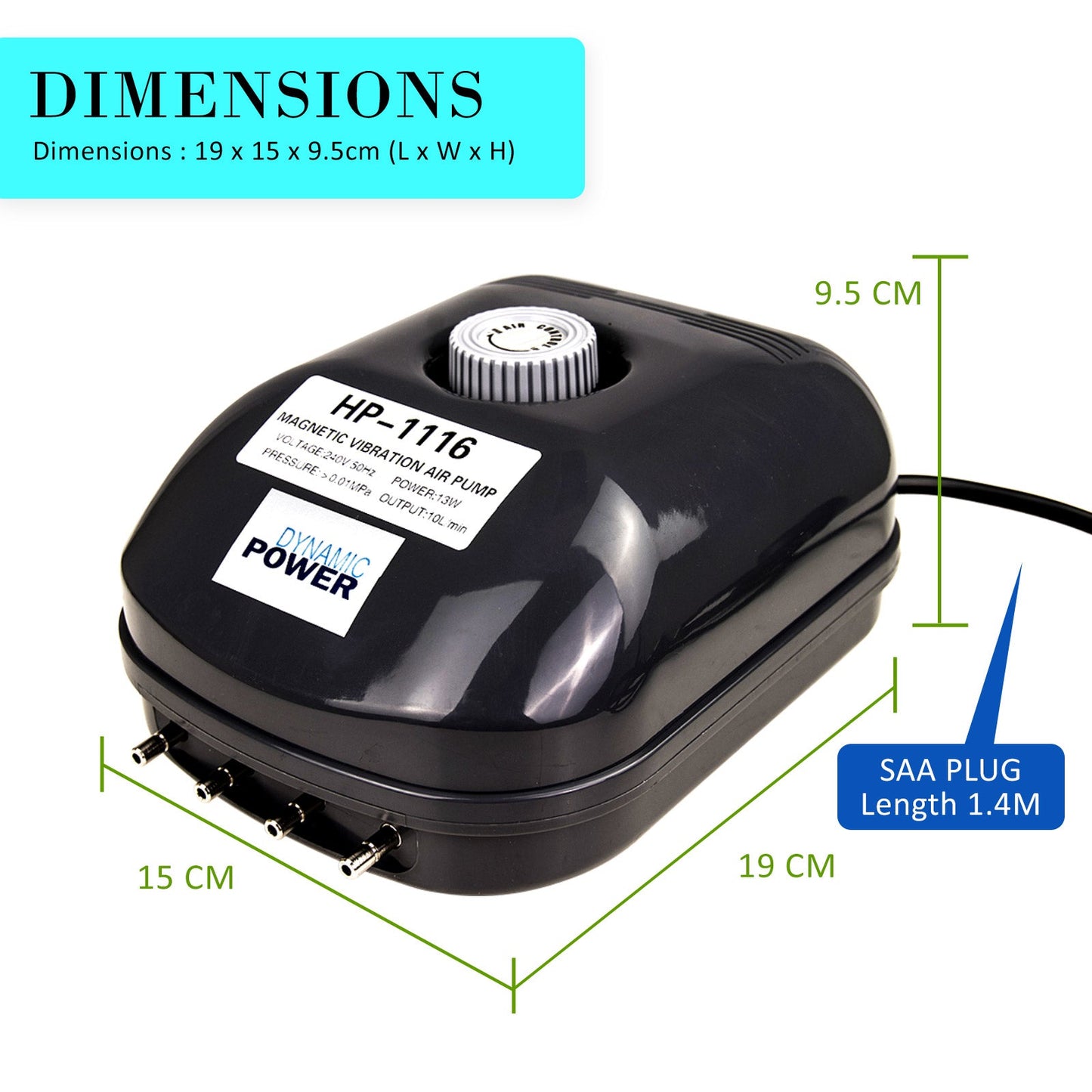 Dynamic Power | Aquarium Air Pump Oxygen Hydroponic 4 Outlet 360L/H 13W | Cradle Coast Pet & Aquarium