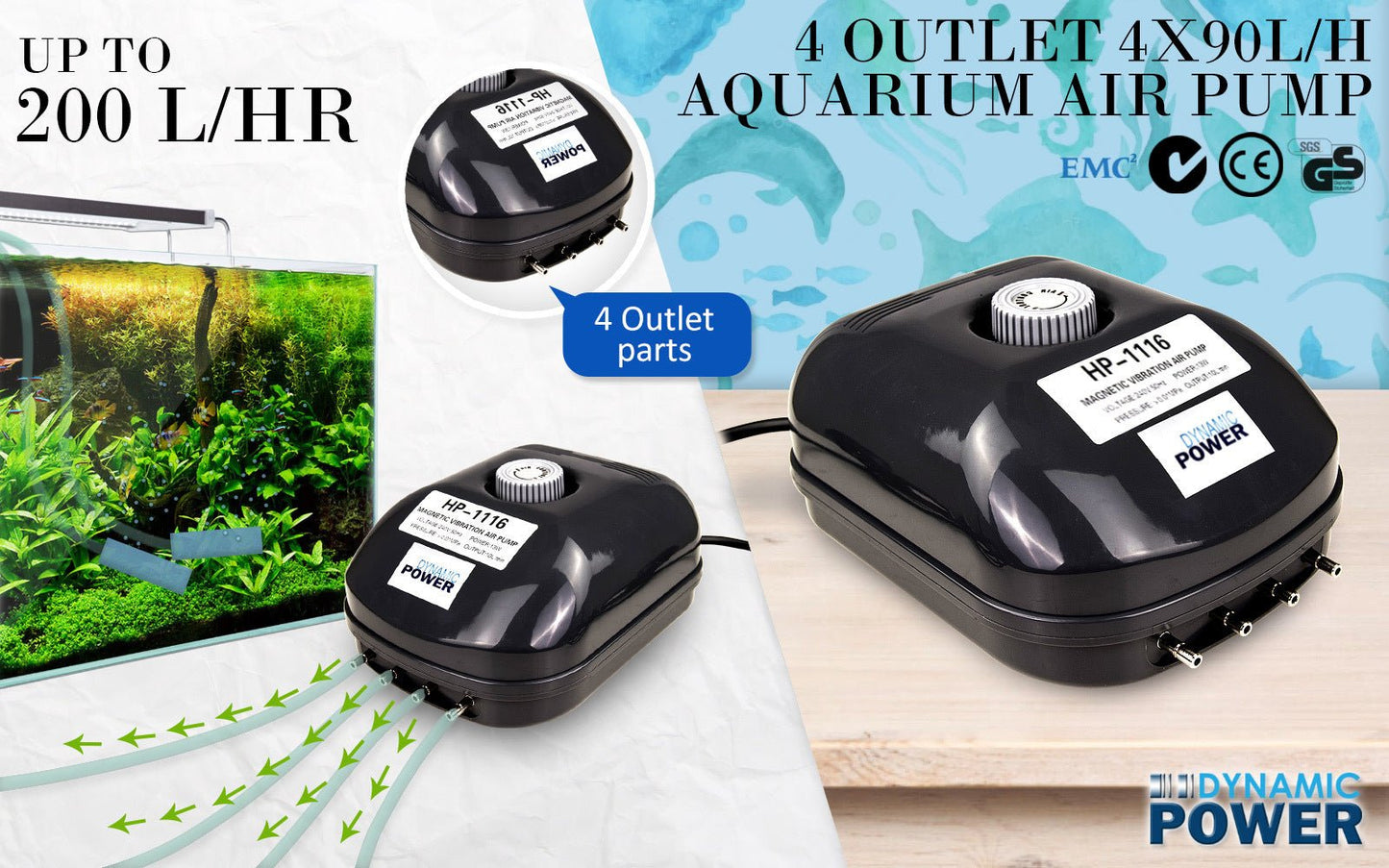 Dynamic Power | Aquarium Air Pump Oxygen Hydroponic 4 Outlet 360L/H 13W | Cradle Coast Pet & Aquarium