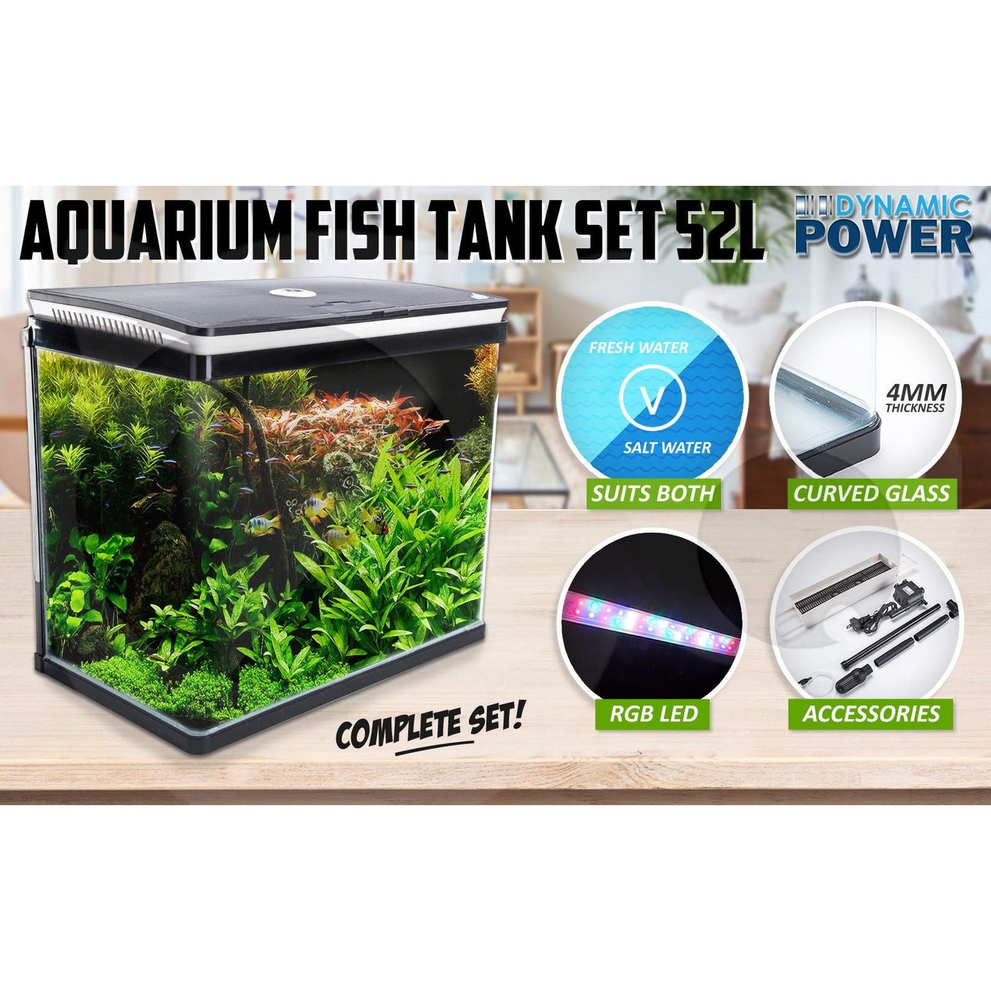 Dynamic Power | Aquarium Curved Glass RGB LED Fish Tank Set Filter Pump 52L | Cradle Coast Pet & Aquarium