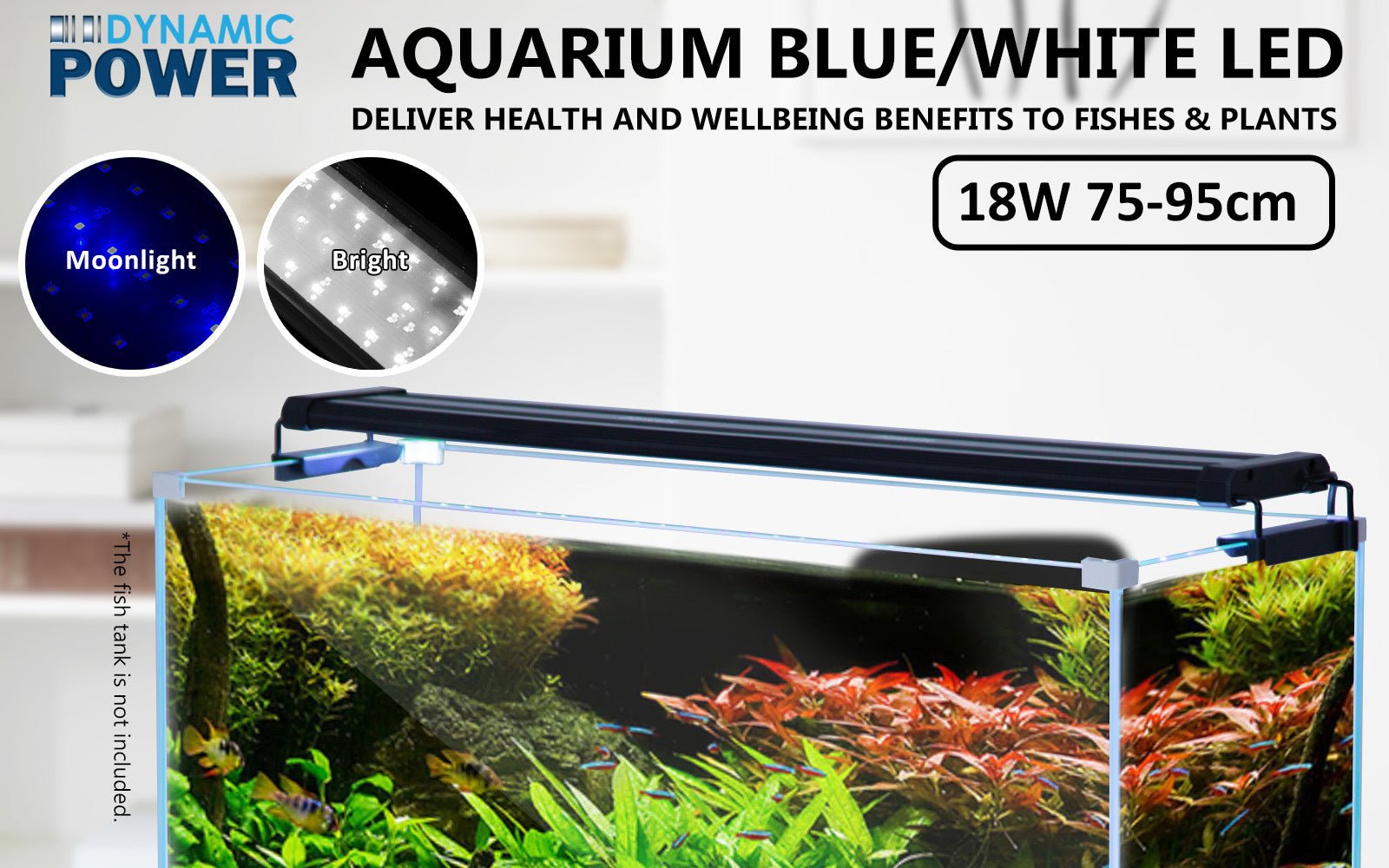 Dynamic Power | 18W Aquarium Blue White LED Light for Tank 75 - 95cm | Cradle Coast Pet & Aquarium