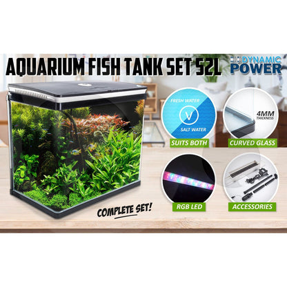 Dynamic Power | Aquarium Curved Glass RGB LED Fish Tank Set Filter Pump 52L | Cradle Coast Pet & Aquarium