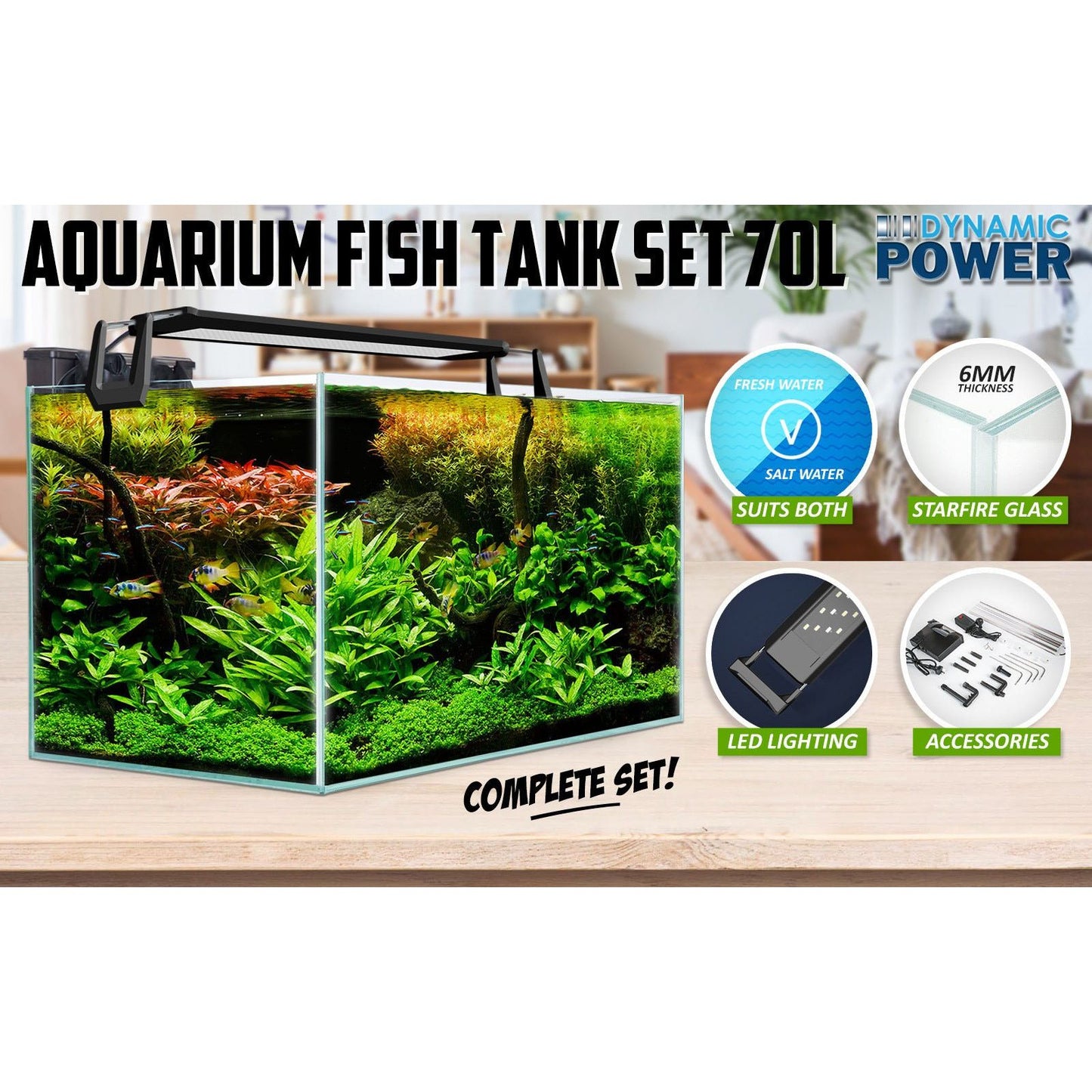 Dynamic Power | Aquarium Starfire Glass Fish Tank Set Filter Pump 70L | Cradle Coast Pet & Aquarium