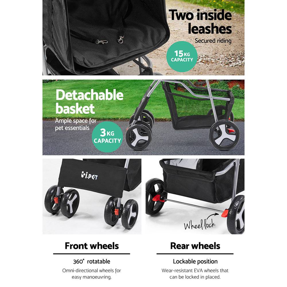 i.pet 4 wheel pet stroller - black - cradle coast pet & aquarium