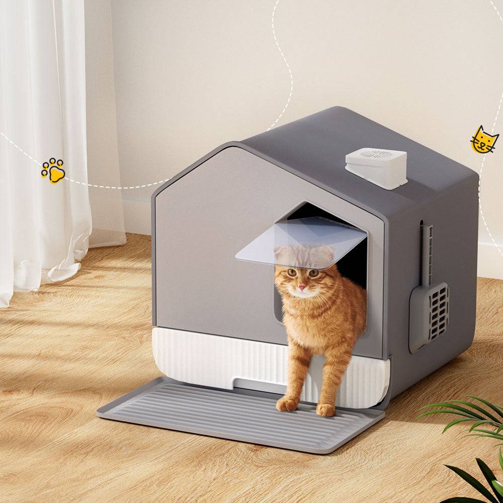 i.pet enclosed cat litter box with mat - grey - cradle coast pet & aquarium