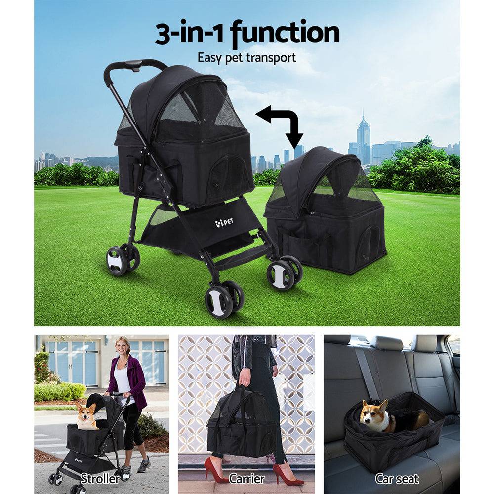 i.pet foldable 4 wheel pet stroller - black - cradle coast pet & aquarium